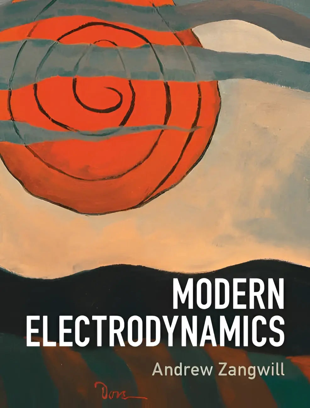 De cover van het boek modern electrodynamics toont een gedurfde oranje spiraal op een achtergrond van gedempte blauwtinten