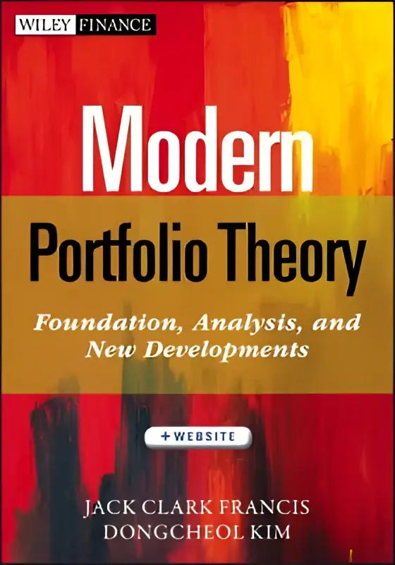 De voorkant van het boek modern portfolio theory toont witte tekst op een rode, oranje en gele achtergrond met zwarte silhouetten