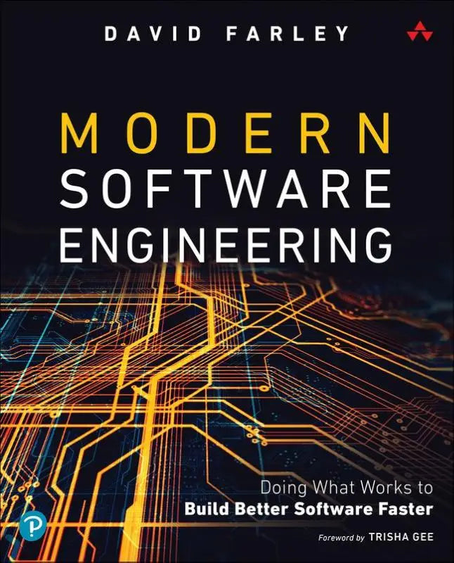 The book cover for modern software engineering by david farley features bold yellow and white text on a dark background with glowing orange circuit patterns