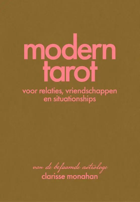Modern tarot deck cover in muted olive green with bold pink typography for relaties, vriendschappen en situationships by clarisse monahan