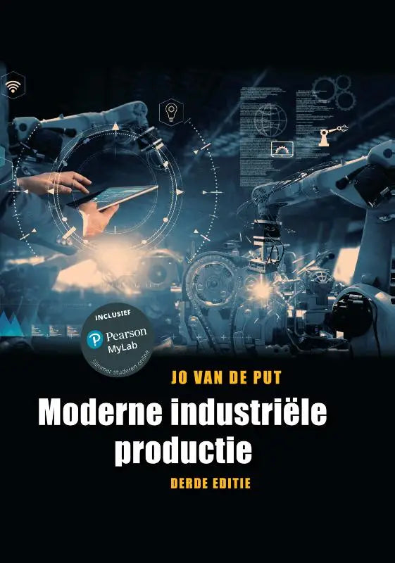 Het boekcover van moderne industriële productie toont een donkerblauw en zwart industrieel ontwerp met robotarmen