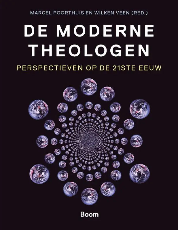 De moderne theologen boek met een symmetrisch patroon van paarse en blauwe wereldbollen door marcel poorthuis, koninklijke boom uitgevers