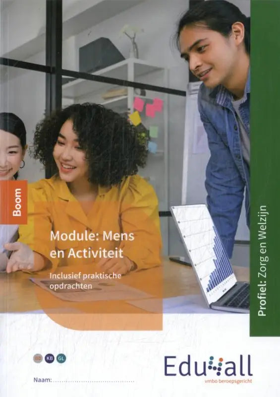 De cover van het educatieve workbook module mens en activiteit van eduall met oranje-witte vormgeving in het Nederlands