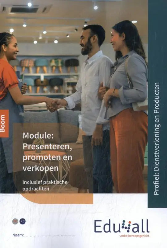 De voorkant van de module presenteren training toont een glimlachende verkoper in oranje en blauw die handen schudt