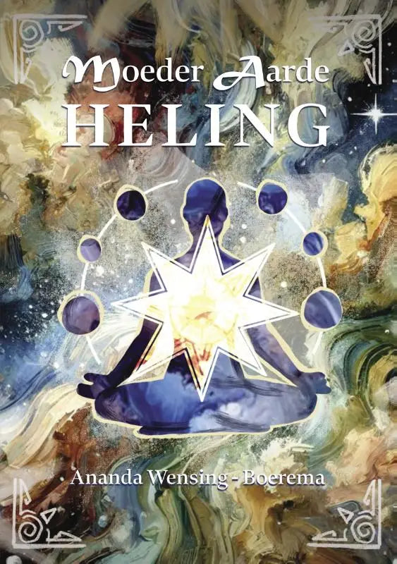 Boekcover moeder aarde heling toont mediterend silhouet in blauw met gloeiende orbs en kosmische achtergronden