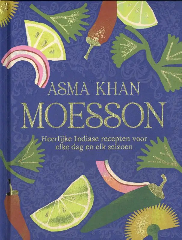 Blue kookboek moesson met heerlijke indiase recepten en geïllustreerde cover van limoen chili en koriander