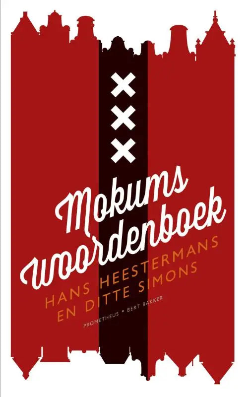 Rood en zwart boekomslag van mokums woordenboek met gestileerde stadsgezicht silhouet en witte kruisen centraal