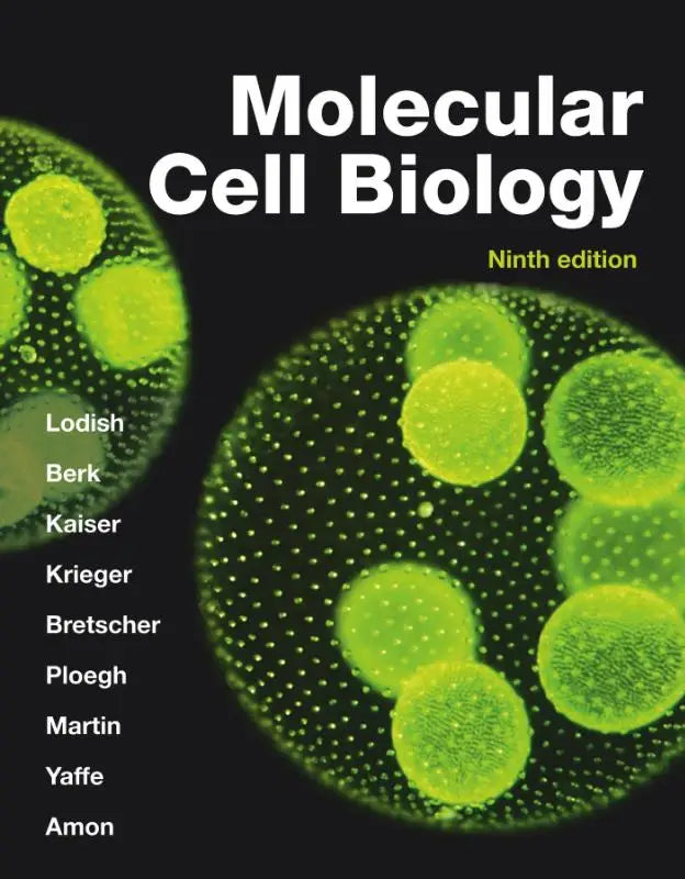 De voorkant van het negende editie leerboek molecular cell biology van lodish met gloeiende groene moleculaire celstructuren op zwart