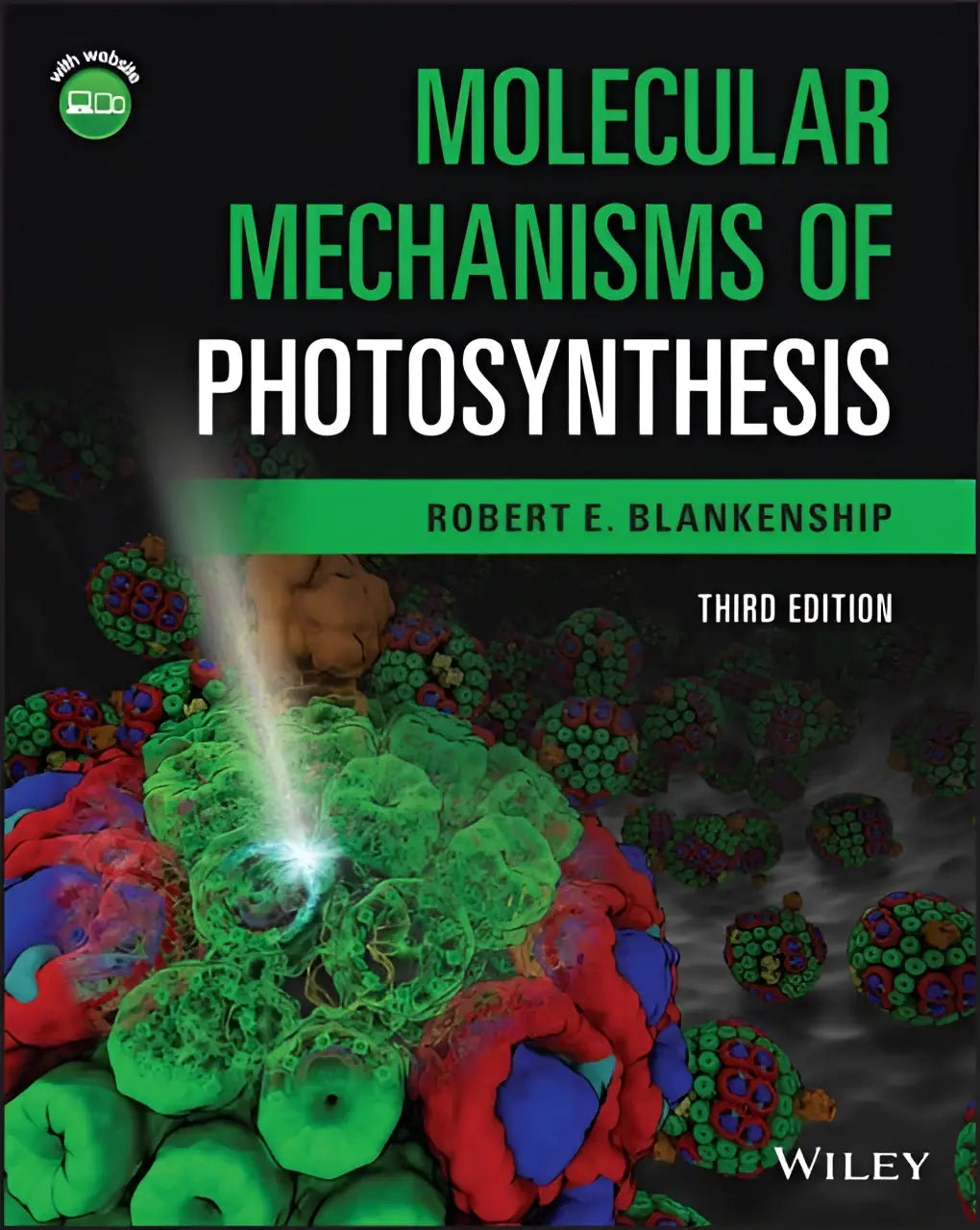 De boekcover van Molecular Mechanisms of Photosynthesis toont levendige moleculaire structuren in groen en rood voor life sciences