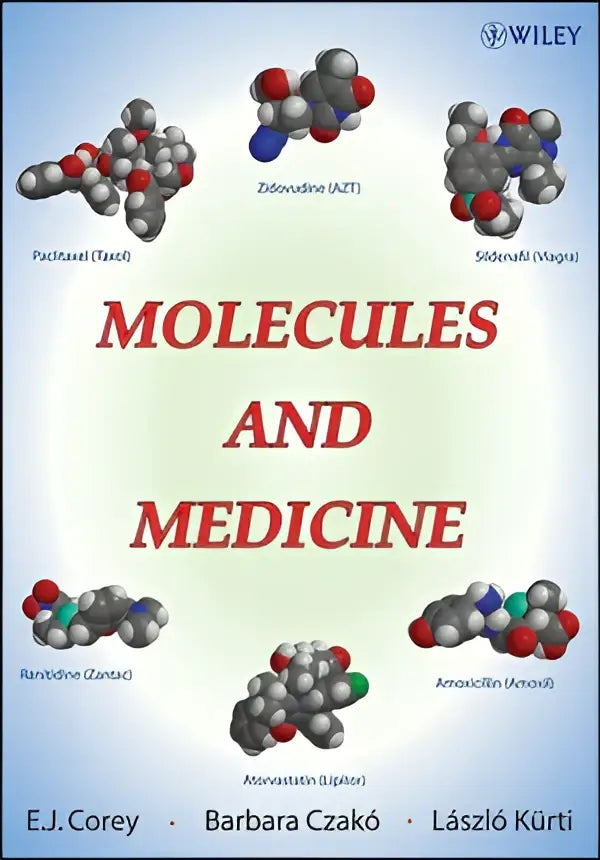 De omslag van het boek molecules and medicine toont de titel in rode letters met moleculaire structuren op lichtblauwe achtergrond