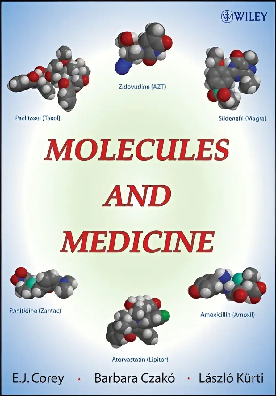 De boekomslag van Molecules and Medicine door e.j. met focus op moleculen en geneeskunde in een blauw design