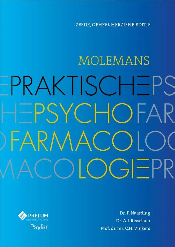 Blauwe boekomslag molemans praktische psychofarmacologie met gele en zwarte tekst en prelum en psyfar logo’s onderaan