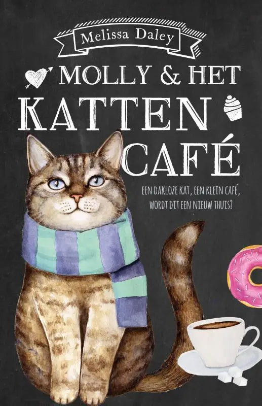 Waterverfschilderij van een tabby kat met blauwe ogen en een paarse en teal gestreepte sjaal in molly en het kattencafé