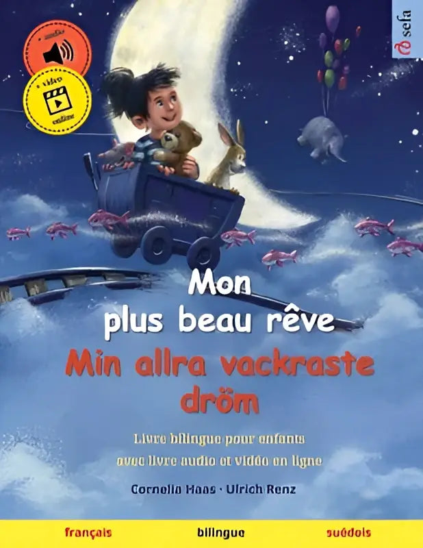 Blauwe treinwagon met kind en konijn die ballonnen draagt onder halve maan in mon plus beau kinderboek