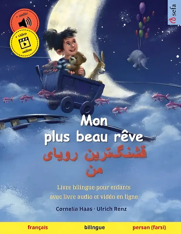 Blauwe trein met kind en konijn binnen die ballonnen draagt onder een maanverlichte hemel mon plus beau
