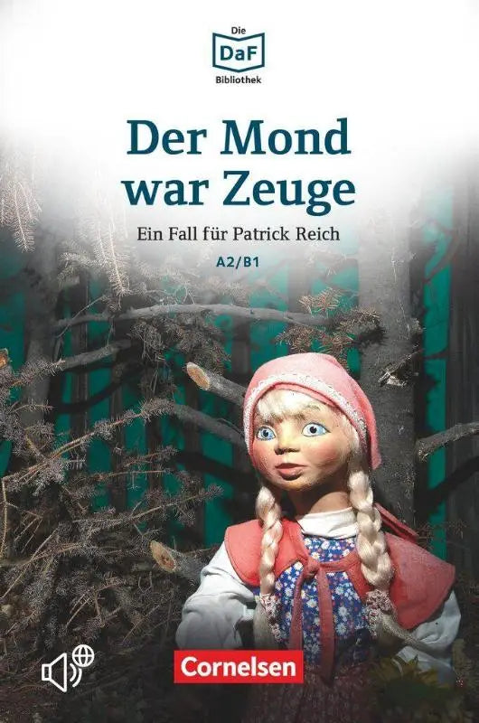 Een pop met blond gevlochten haar en een roze hoofddoek in een rood-blauwe jurk mond war zeuge product
