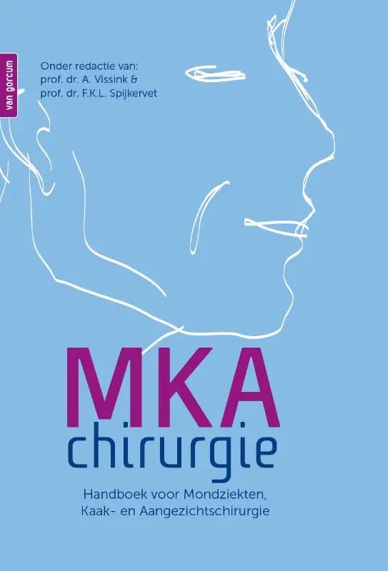 Dekaal van mondziekten kaak en aangezichtschirurgie met minimalistisch wit lijntekening portret en titel mka chirurgie
