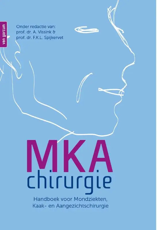 Blauw boek met witte lijntekening van een menselijk profiel en titel mka chirurgie in magenta en marine voor binnen tandheelkunde