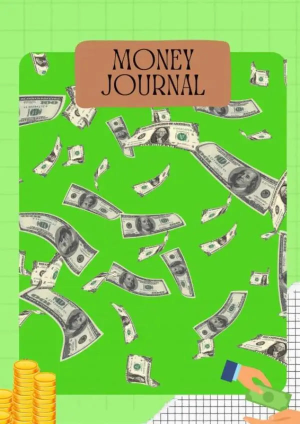 Groene money journal met bruine titelbanner en illustraties van zwevende dollars voor financieel beheer