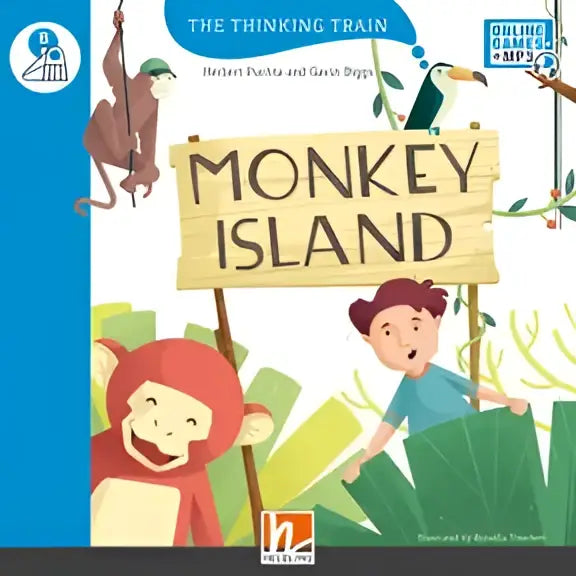 Omslag Thinking Train Monkey Island kinderboek met houten bord in jungle