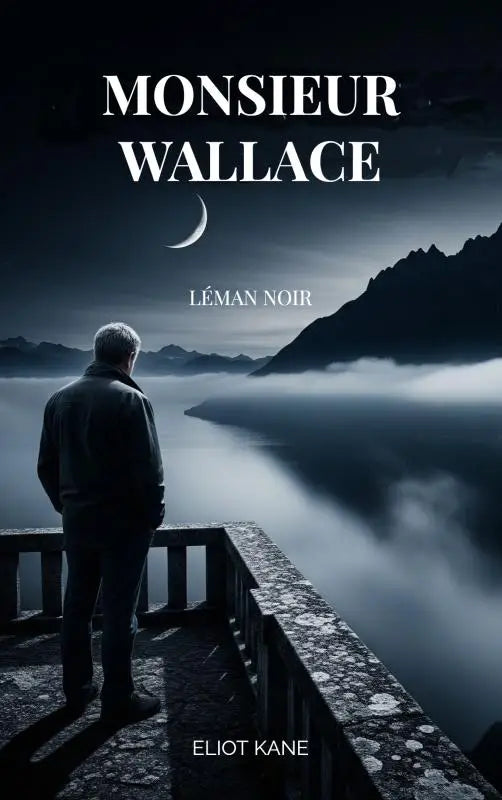 Donkerblauw en zwart monsieur wallace boektitel met witte serif lettertype en maansikkel voor léman noir product