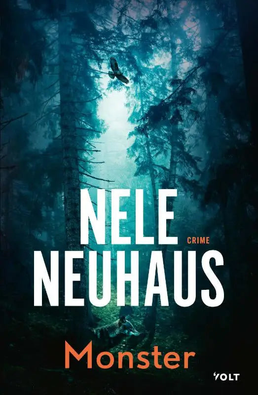 De boekcover van Monster toont een donkere, sfeervolle bosscène in teal en zwart voor spannende boeken van Nele Neuhaus