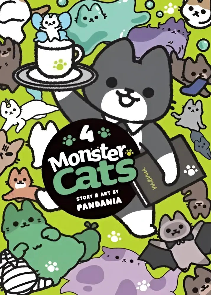 Een levendige limegroene omslag van monster cats vol 4 toont een grijze cartoonkat in pak met dienblad en laptop