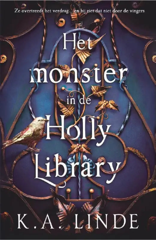 Het boek het monster in de holly library door k.a. toont een kleurrijke omslag van een spannende bibliotheeksetting