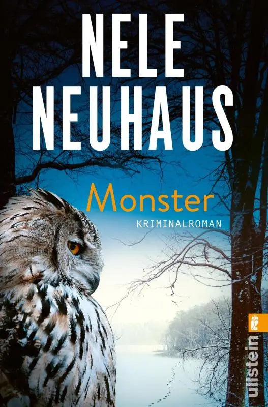 Een gedetailleerde illustratie van een sneeuwuil met oranje ogen voor de nieuwe packende taunus-krimi monster