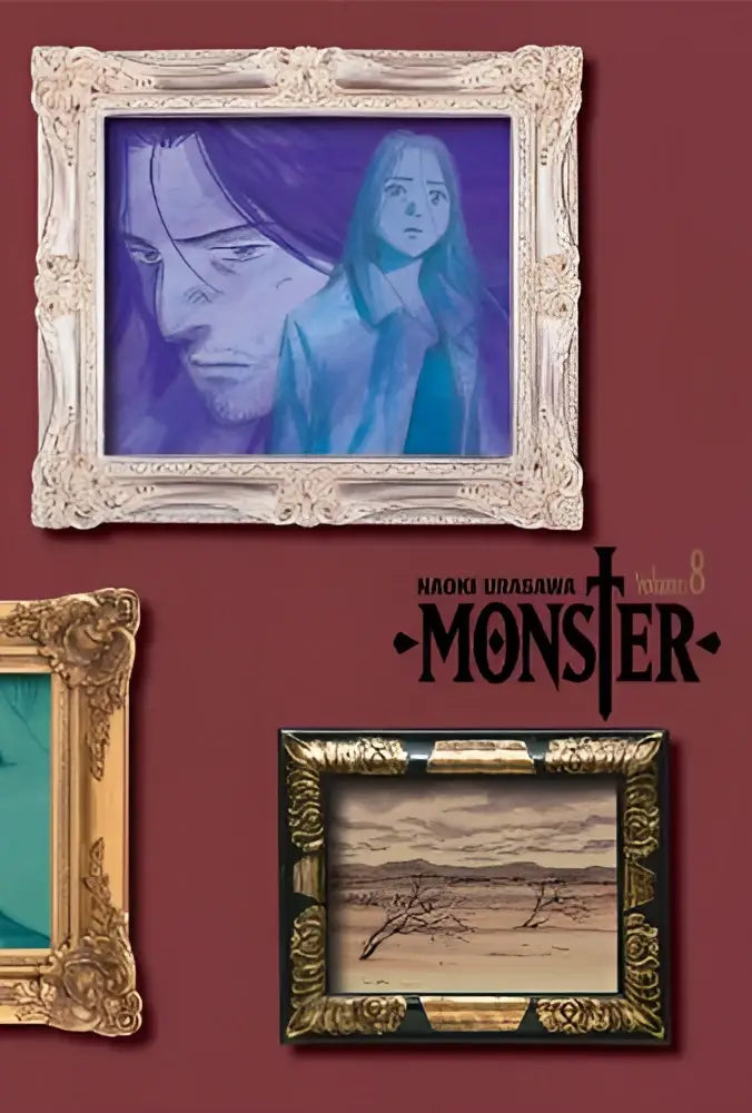 Het ornate witgeraamde artwork van monster the perfect edition vol 8 toont gestileerde blauwe karakters tegen paarse achtergrond