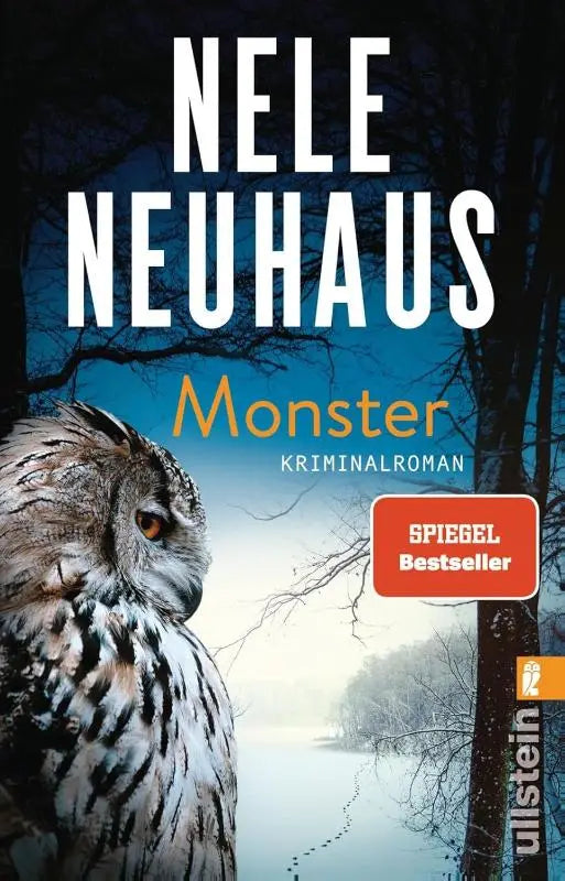 Realistische illustratie van een great horned owl met gemêleerde grijs-witte veren en scherpe oranje ogen voor monster wer schuldig ist