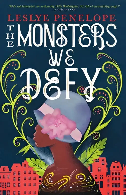 Een donkerblauw boekomslag van monsters we defy door leslye penelope met een vrouwelijk profiel en groene wijnranken