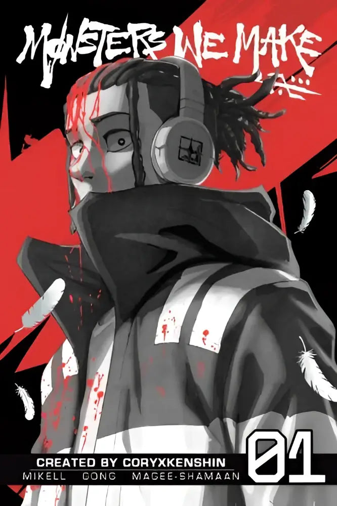 Illustratie van zwart-witte personage met zilveren koptelefoon en hoodie met rode spetters op monsters we make vol 1