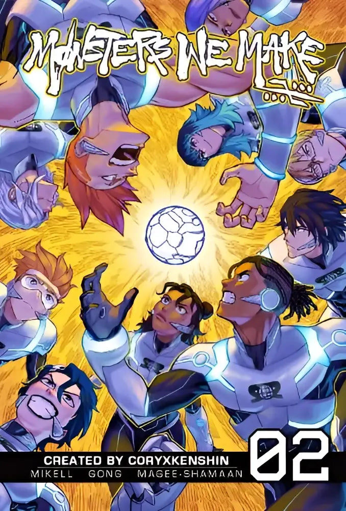 De levendige en dynamische cover van monsters we make volume 2 toont een centrale voetbal omringd door futuristische personages