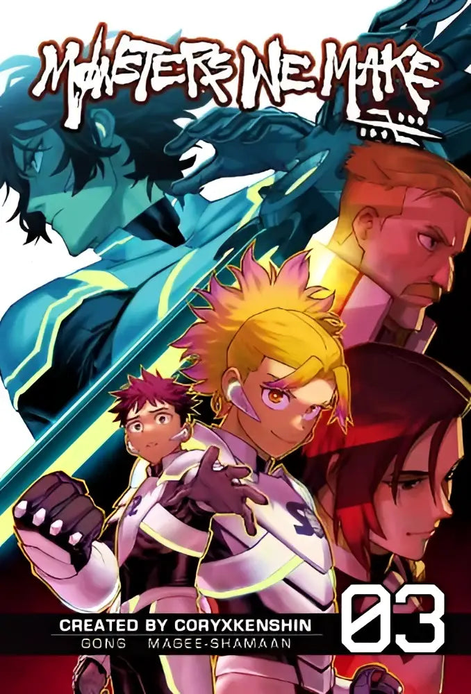 De cover van monsters we make volume 3 manga met dynamische animefiguren in levendige kleuren en gedetailleerde kostuums