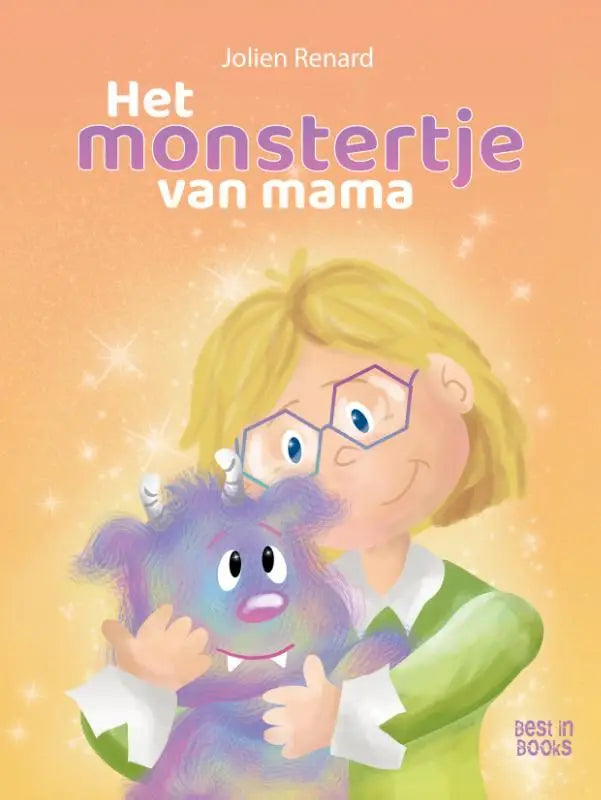 Een paars, pluizig monstertje met kleine hoorns en een vriendelijke glimlach wordt omarmd door een kind jonge lezers