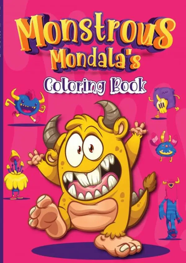 Een levendig roze mindfulness kleurboek met een gele cartoonmonster met hoorns en scherpe tanden van monstrous mandalas