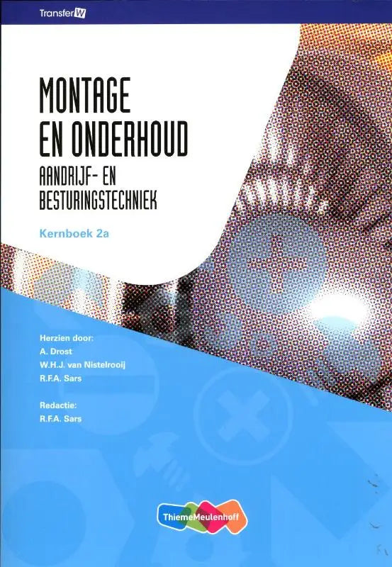 Blauw-wit leerboek montage en onderhoud aandrijf- en besturingstechniek met gestileerd mechanisch tandwielontwerp