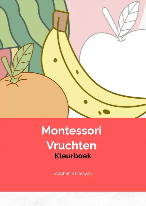 Montessori vruchten kleurboek met geïllustreerde banaan appel en sinaasappel op roze achtergrond