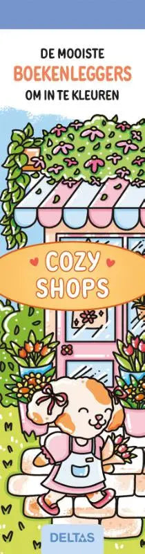 Cozy shops kinderen kleurboek met een cartoon puppy in schort voor een roze blauwe gestreepte winkel met bloemenbakken deltas chantecler mooiste kleurboekenleggers