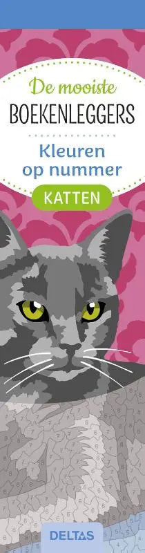 Illustratie van een grijze kat met gele ogen op roze patroon met titel mooiste kleurboekenleggers kleuren deltas chantecler