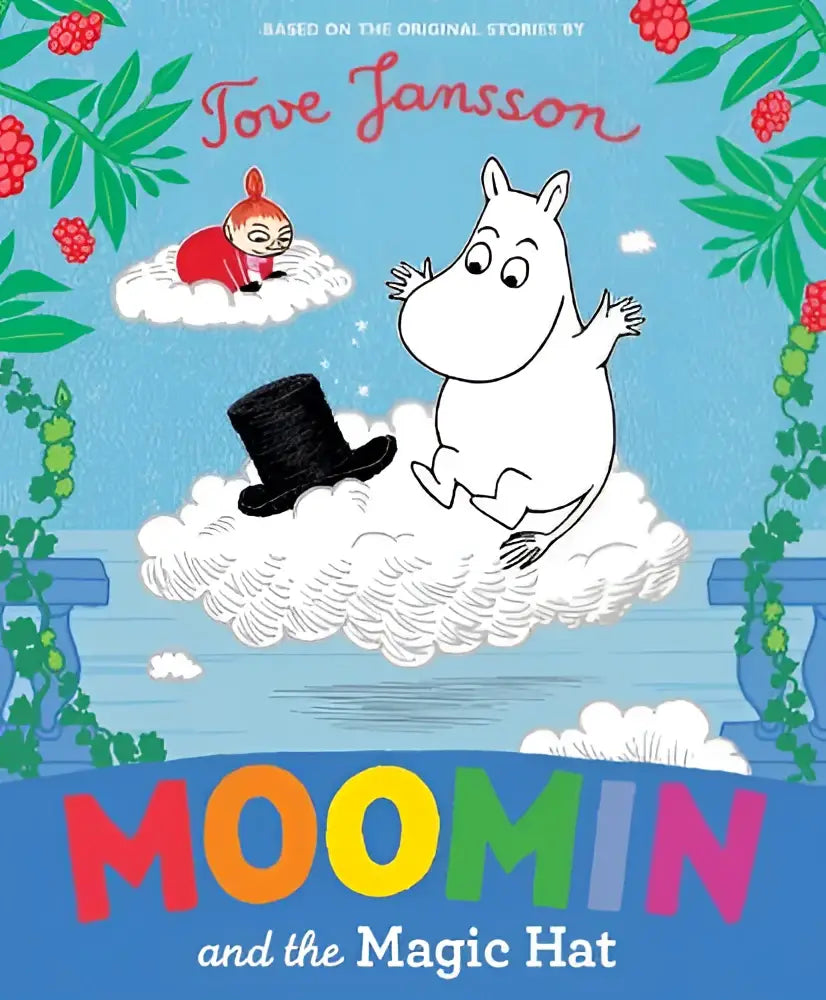 Witte moomin met ronde vorm en eenvoudige gezichtsuitdrukking zittend op een pluizige wolk in moomin and the magic hat