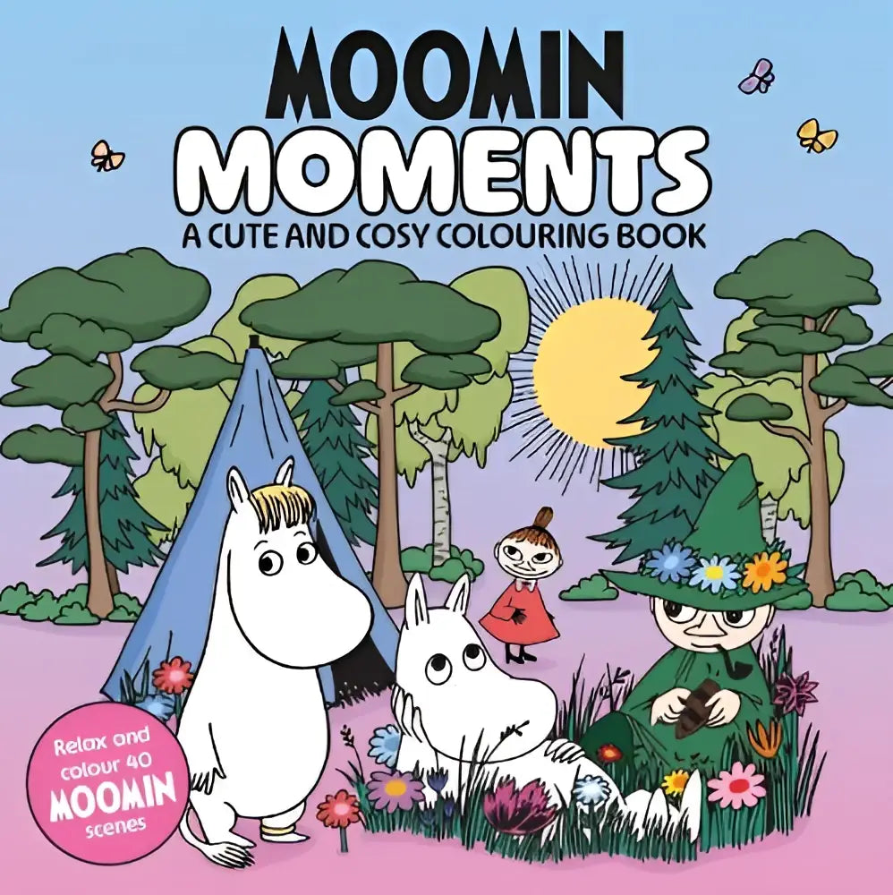 A colorful moomin moments cosy colouring book with cartoon characters in a forest setting for all ages