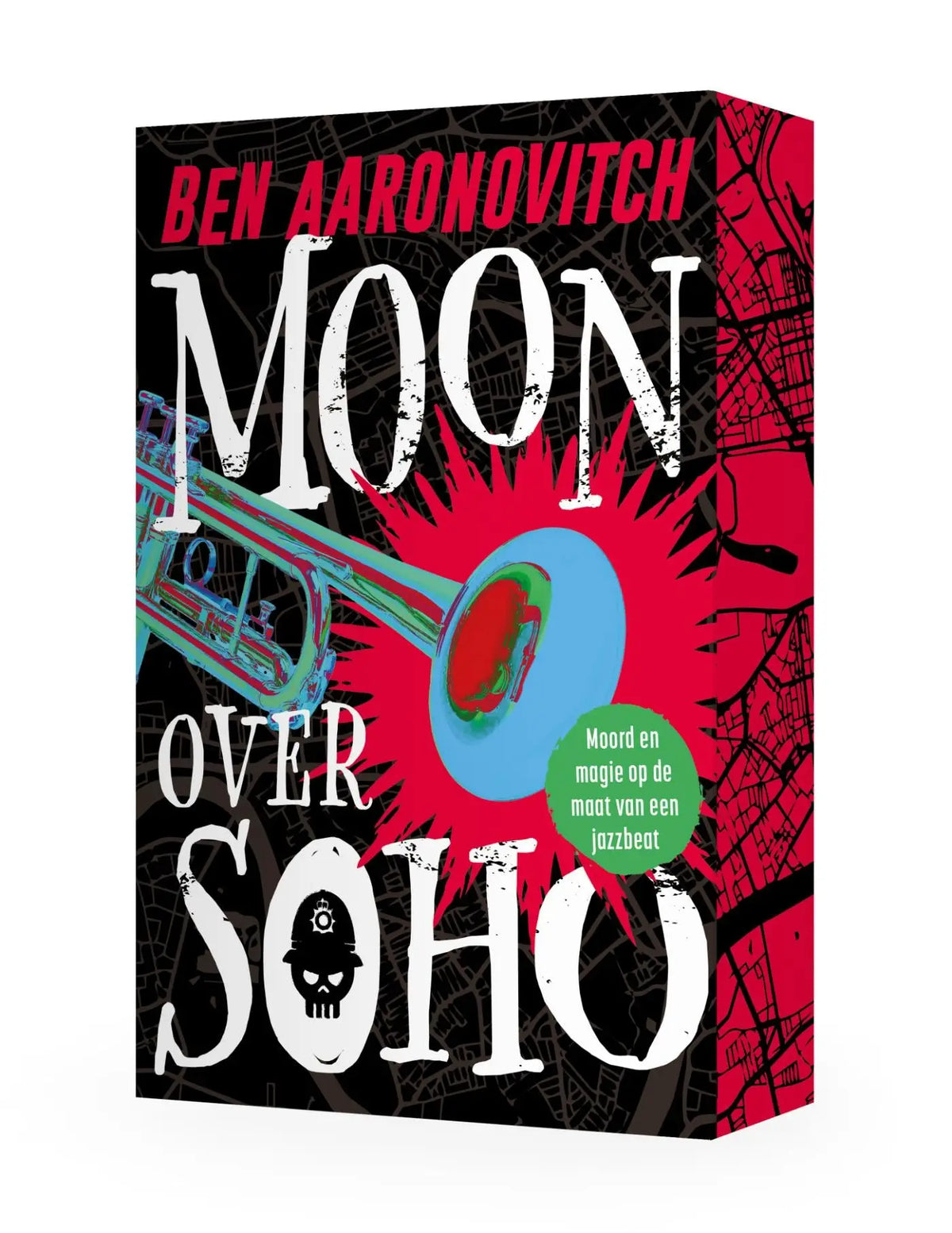 Rode en zwarte boekomslag van moon over soho door ben aaronovitch met gestileerde trompetillustratie uitgegeven door luitingh sijthoff