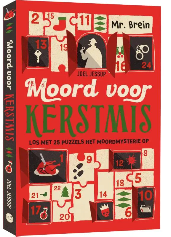 Rood adventskalenderboek moord voor kerstmis van joel jessup met puzzelontwerp en meneer holly thema