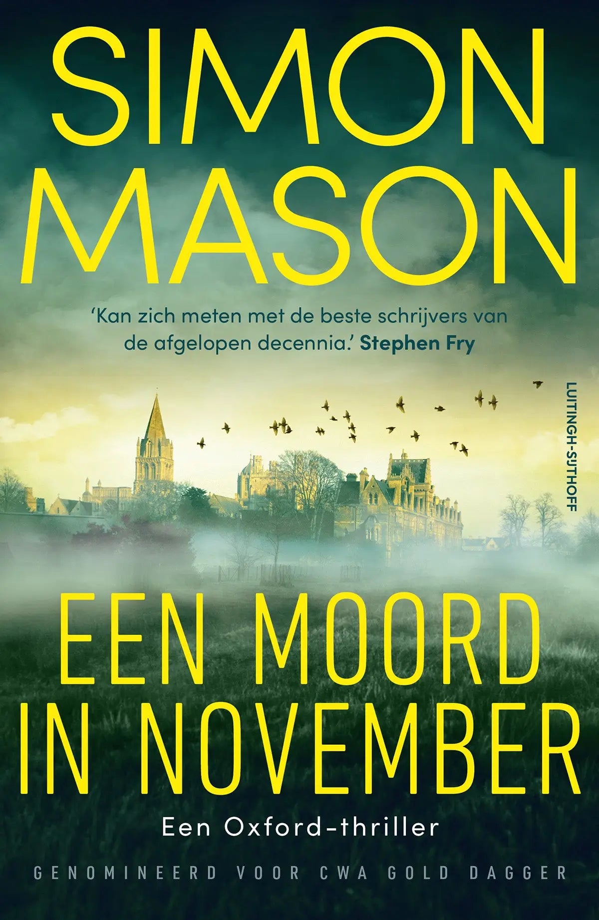 Gele tekst op donkere groene mistige achtergrond met titel een moord in november door simon mason