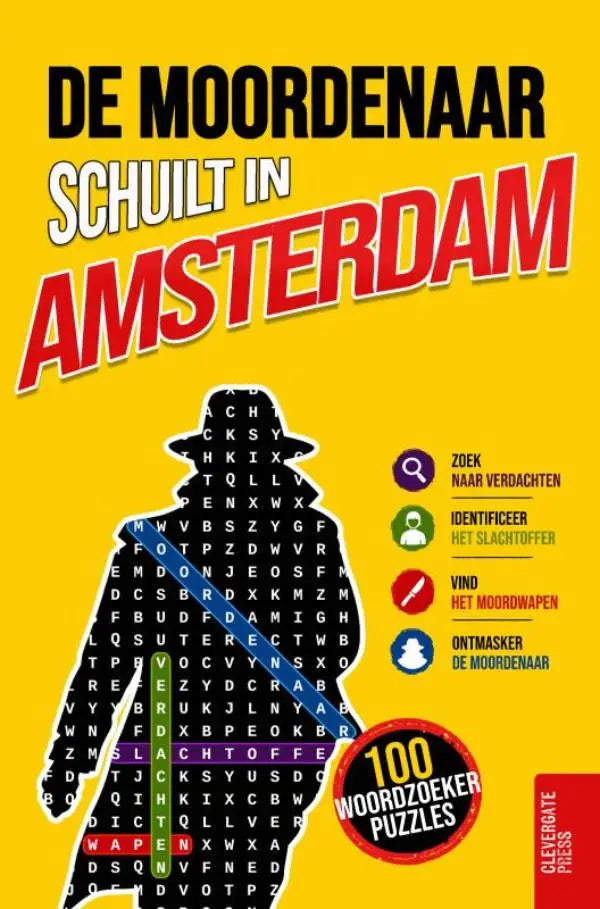 Gele boekcover van de moordenaar schuilt met een zwarte detective en 100 puzzel thriller woordzoekers in amsterdam
