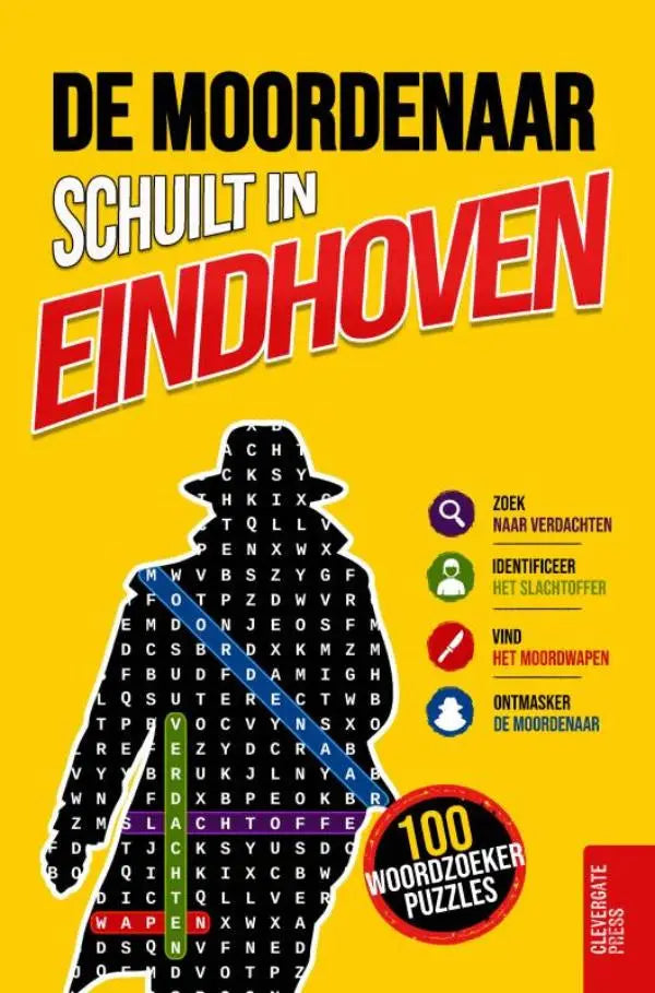 Gele boekcover van moordenaar schuilt puzzel thriller met zwarte detective silhouet en 100 woordzoekers in eindhoven