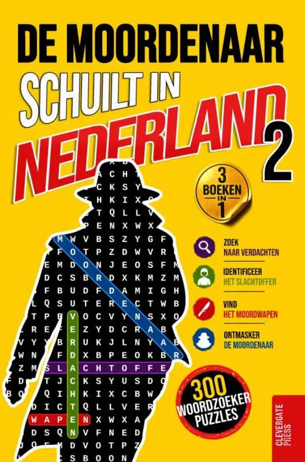 Gele boekomslag van de moordenaar schuilt in nederland 2 met zwarte silhouet detective en woordzoeker puzzel thriller