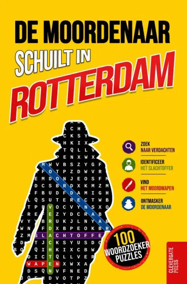 Gele boekcover van moordenaar schuilt puzzel thriller met zwarte detective silhouet en 100 woordzoekers in rotterdam